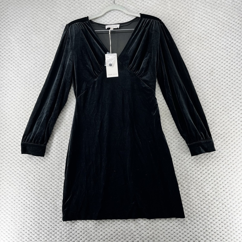 Dear John Velvet Mini Dress Long Sleeve V Neck Party Cocktail Black‎ S